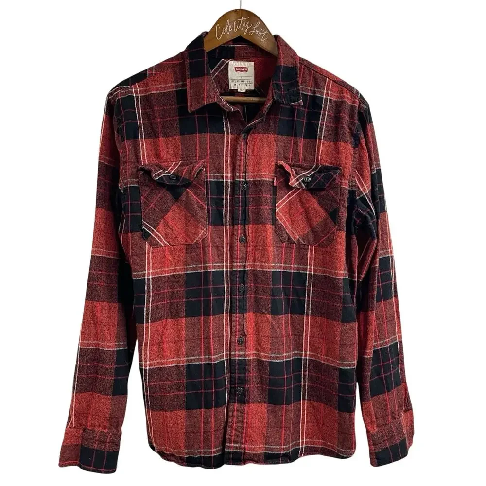 Levis Levi Strauss & Co Plaid Shirt Red & Black Long Sleeve Button Up Mens Large